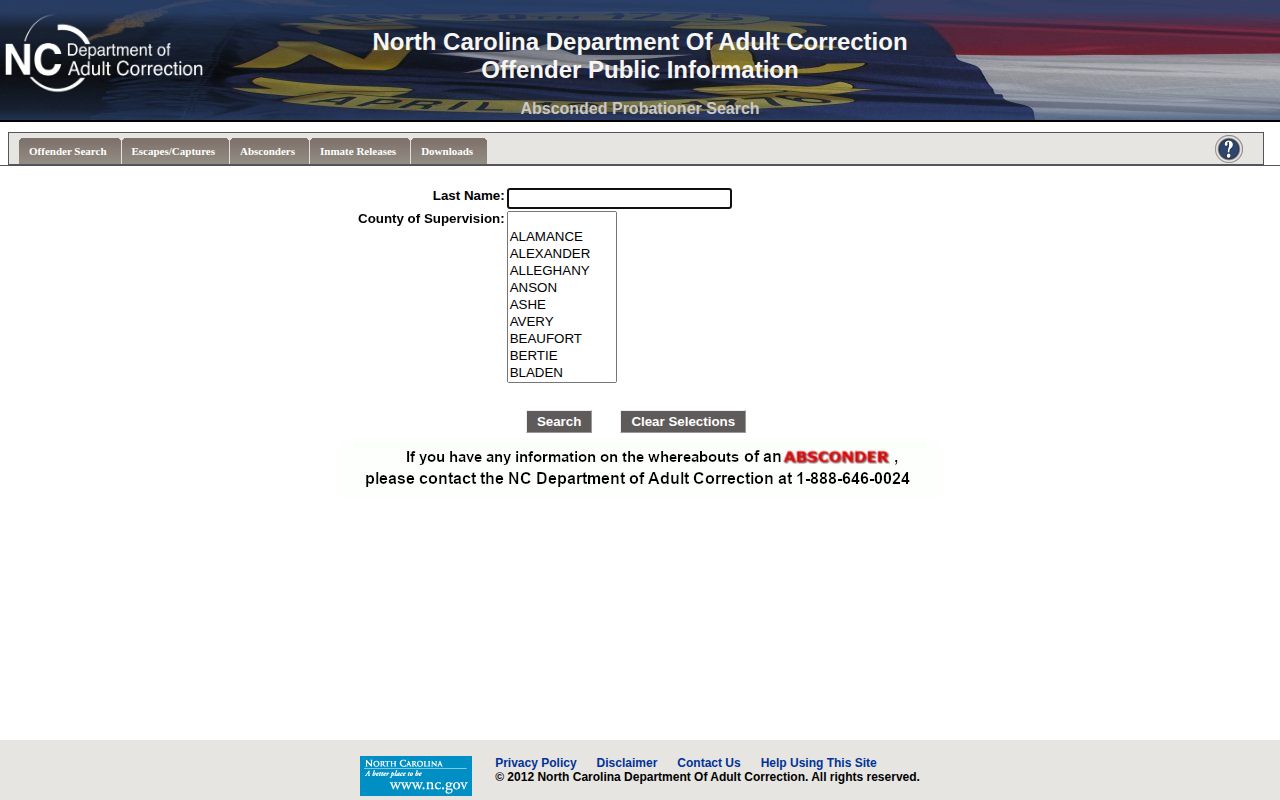 NCDAC Absconded Probationer Search with county of supervision field