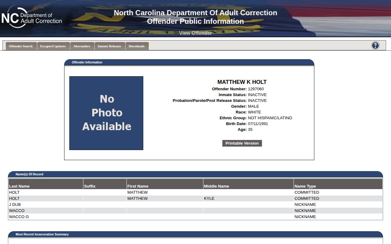 Gaston Correctional Center NCDAC released offender record fields