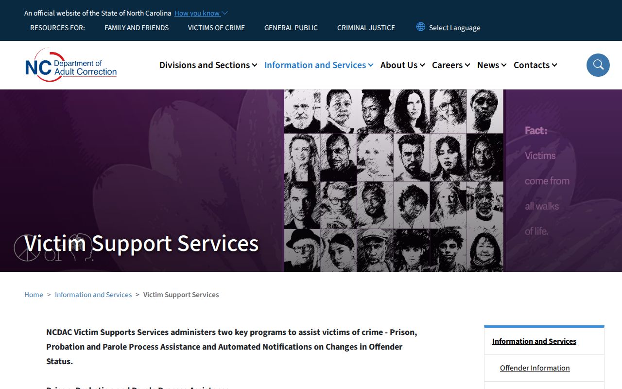 NCDAC victim support page explaining NC SAVAN custody notifications