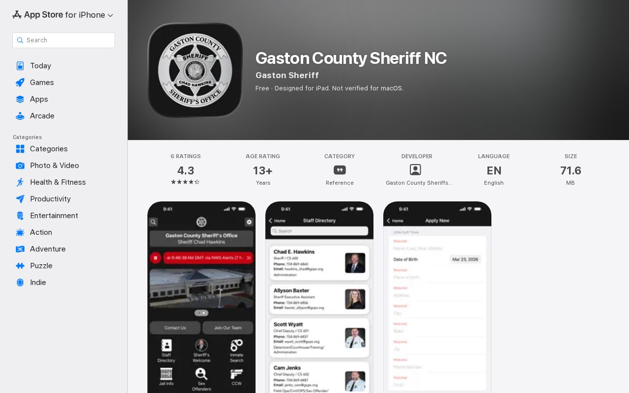 Official Gaston County Sheriff app listing for inmate search access